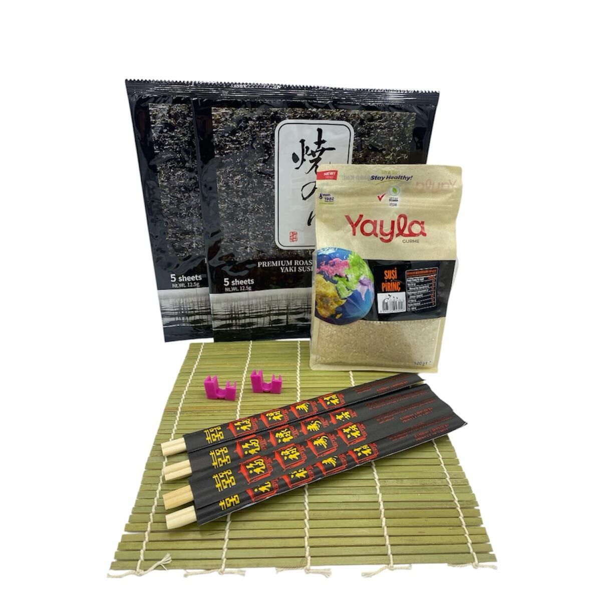 Basic Sushi Seti: 10 Yaprak Sushi Yosunu - Sushi Pirinci 500 G - Sarma Hasırı Seti